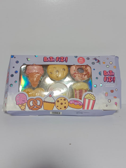 Set of 6 fun snack-shaped bath fizzers for a relaxing and colorful bath experience.